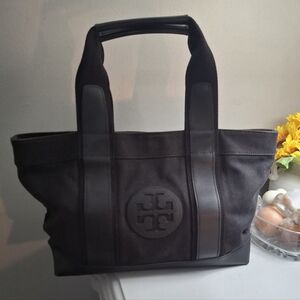Tory Burch Ella Black Canvas With Leather Trim Tote Bag GUC